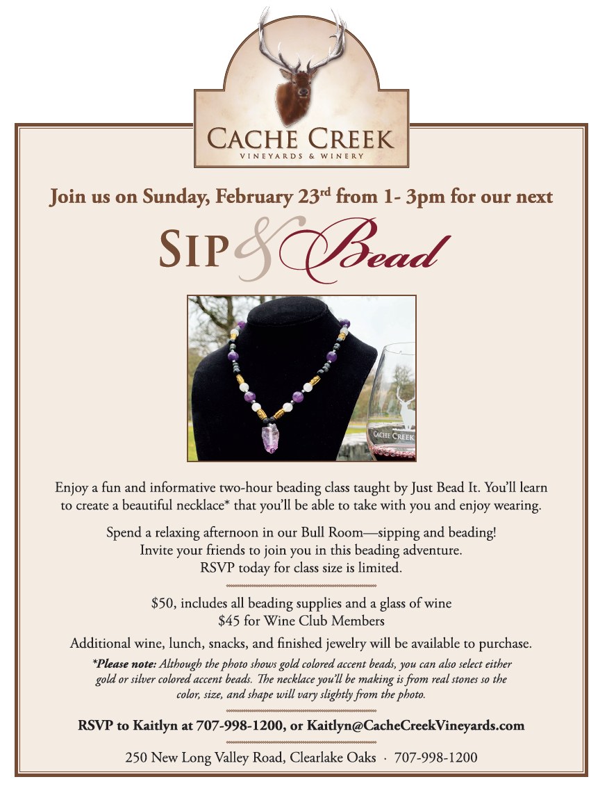 Sip and Bead at Cache Creek Vineyards on February 23, 2020